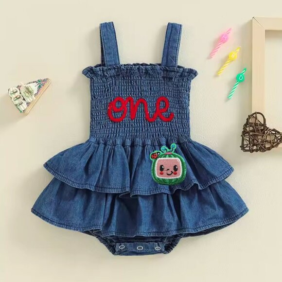 Denim Girl Dress First Birthday clothes Cocomelon dress Coco Melon outfit